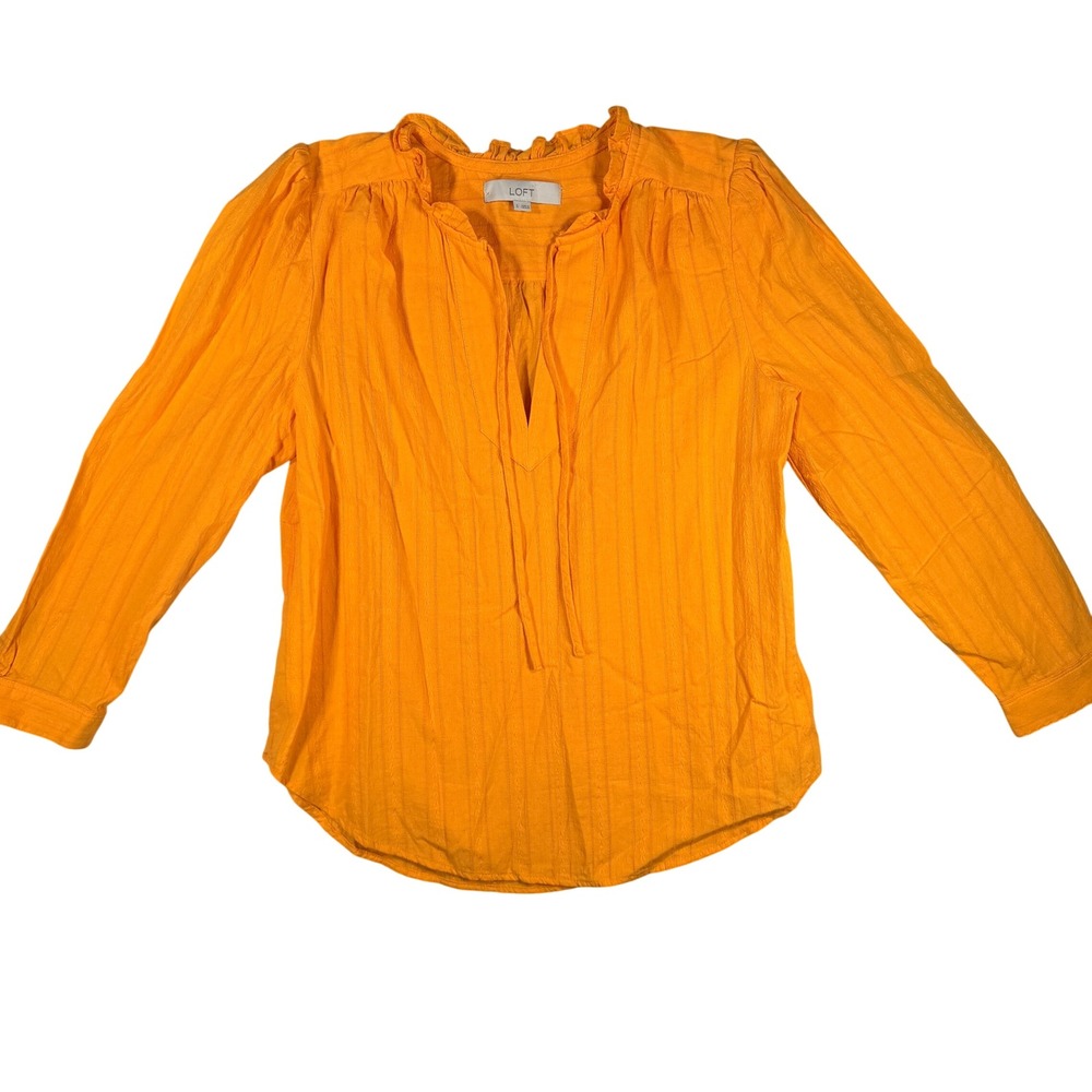 Loft Ruffle Neck Blouse Small Womens Orange Textured 100% Cotton Top